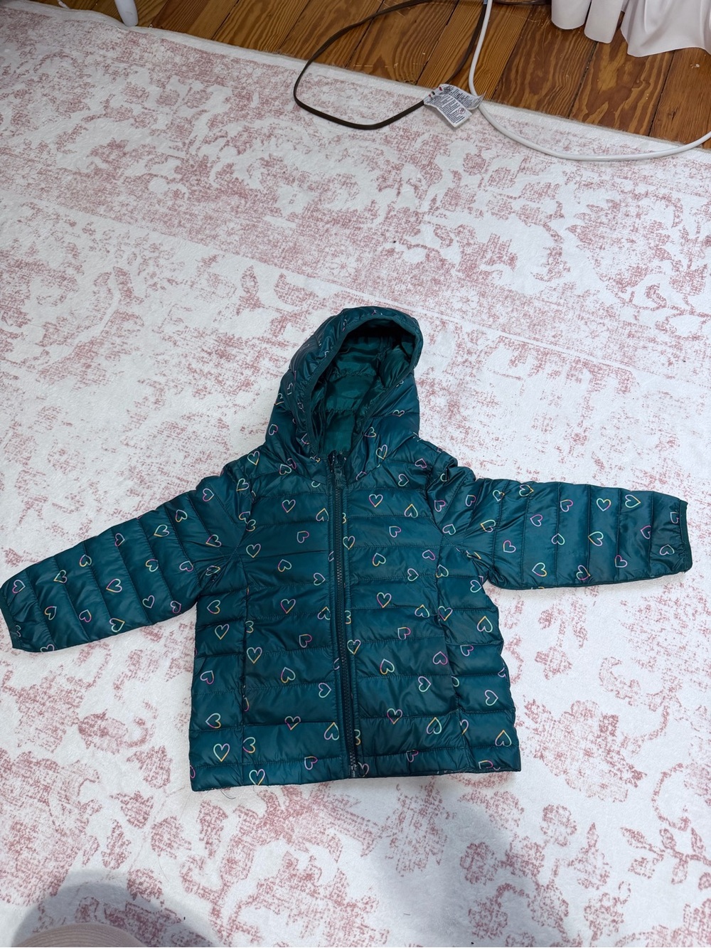 Girls Teal Heart Puffer Jacket with Hood